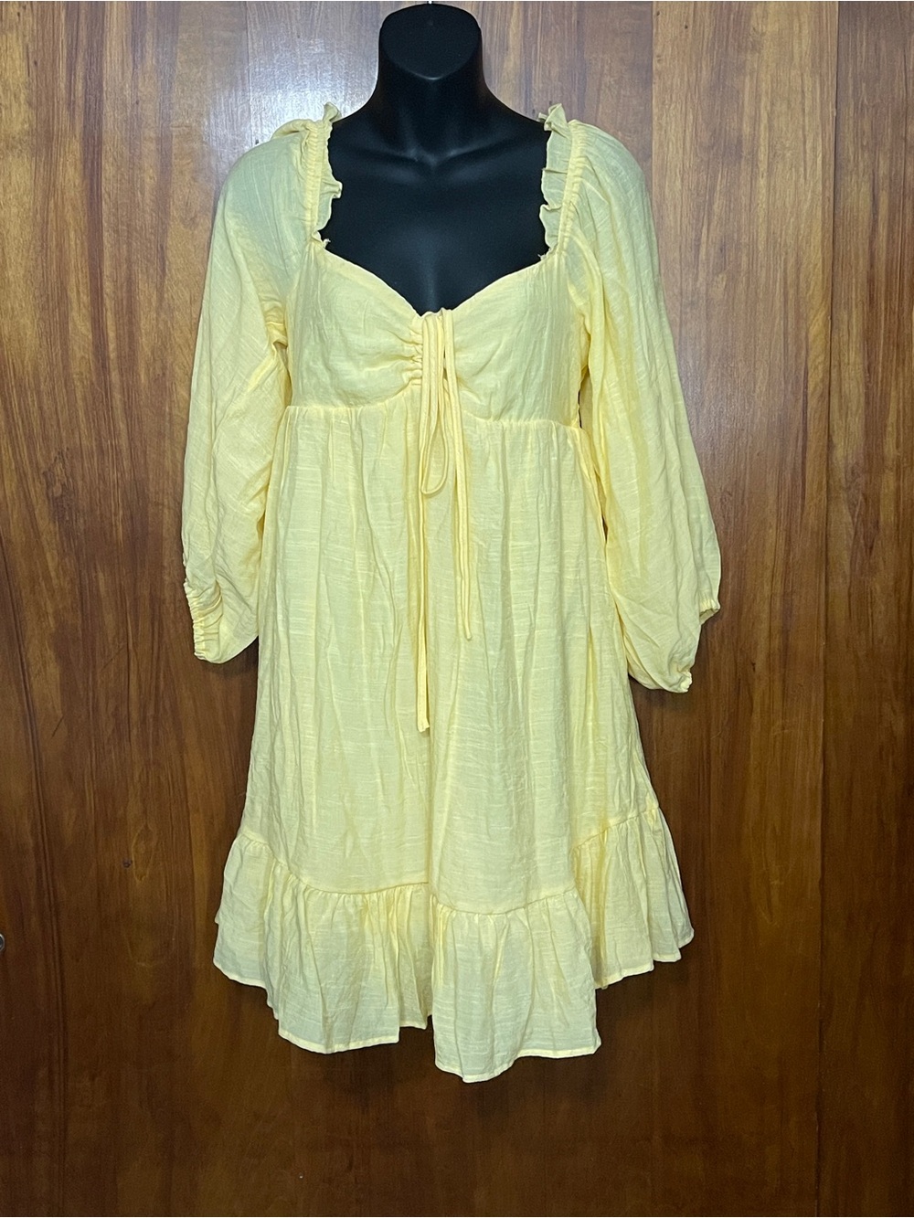 Hunter & Brown Yellow Crinkle Gauze Babydoll Mini Dress Puff Sleeve L